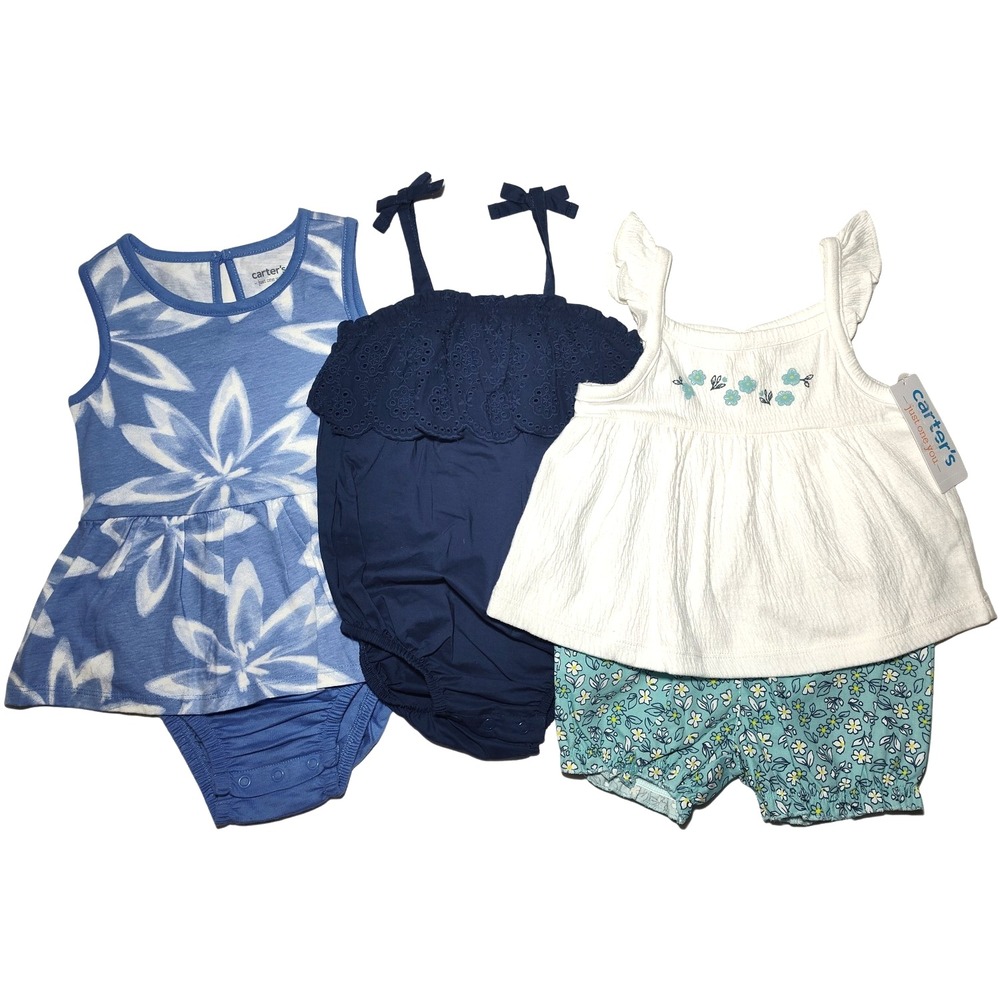 Carter's Just One You 18 Mos Romper Outfit Lot‎ Floral Blue White Eyelet Bubble